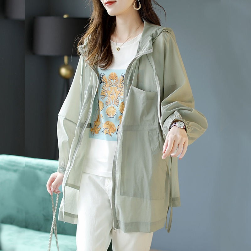 Hulianfu Jackets Women Hooded Fashion Thin Sheer Chic Soft Summer Femme Solid Ins Korean Style Sun-proof Harajuku High Street Holiday New