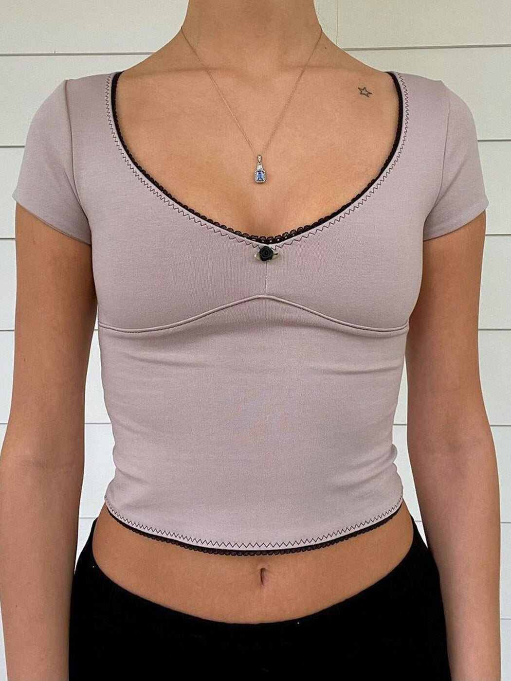 hulianfu hulianfu  Women's Summer Slim Solid Simple T-shirt  Lace Side Splicing U-neck Crop Tops Tees Female Casual Navel Short-sleeved T-shirts
