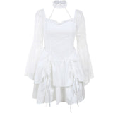 Halter Halloween Cosplay Costumes Gothic Lolita Party Dress White Black Flare Sleeve Fairy Princess Ruffle Cake Kawaii Dresses