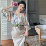 Hulianfu Printing Midi Bodycon Dress Elegant Japan Style V-Neck Long Half Batwing Sleeve Sashes Floral Maxi Dresses for Women Summer 2023