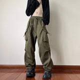 Women Casual Joggers Tech Pants Vintage Solid Low Waist Drawstring Baggy Trousers Y2K Wide Leg Sweatpants Streetwear Cargo Pants