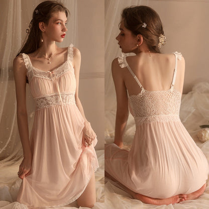 hulianfu Thin Long Robe Women Sexy Nightdress Nylon mesh Sleepwear Bride Home Suit Nightgown See Through Backless Camisole Summer