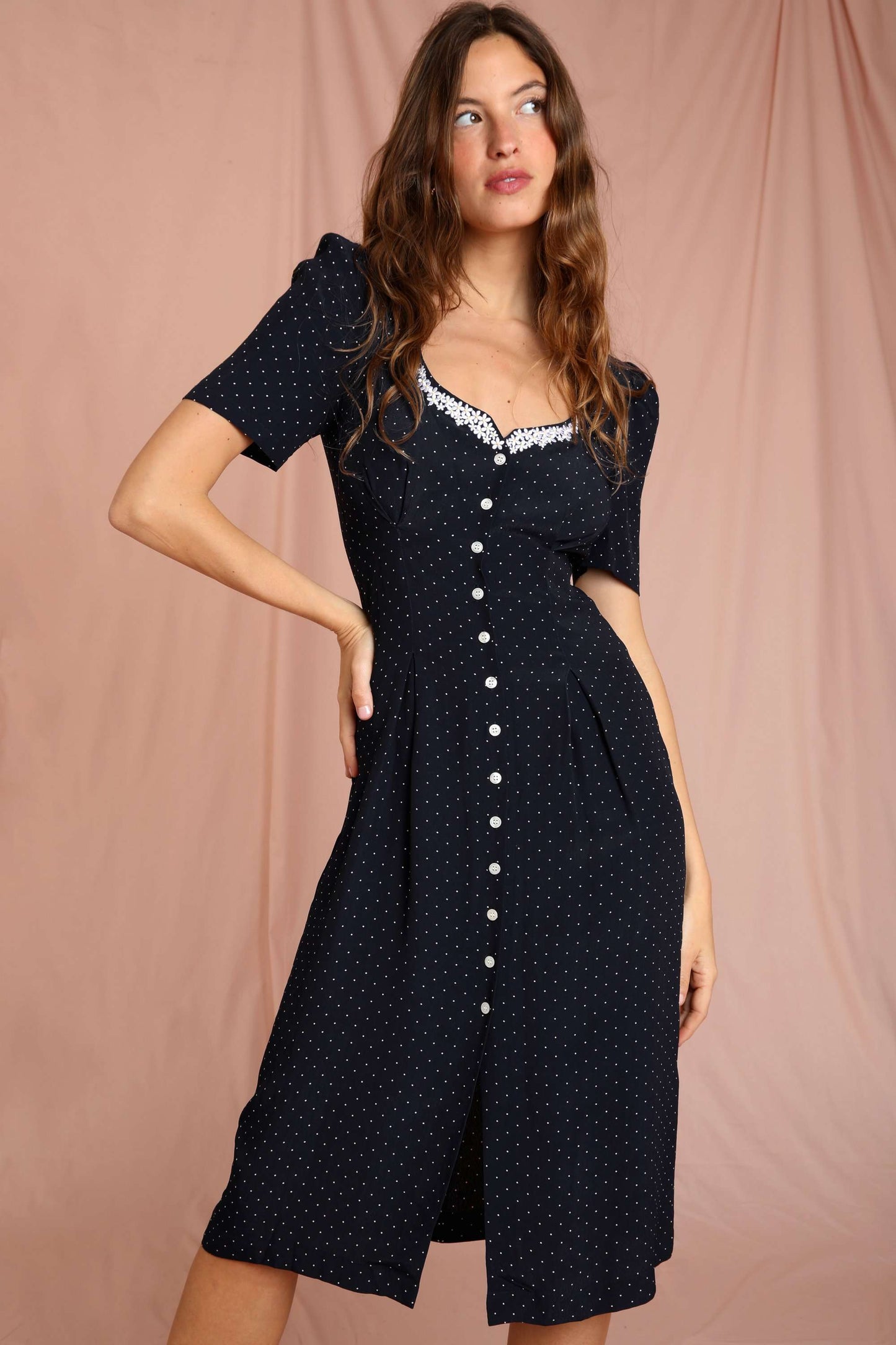 Polka Dot Print Midi Dress Woman Elegant Embroidery Short Sleeve V-neck Vestidos  Summer Femme Vintage Casual Long Robes