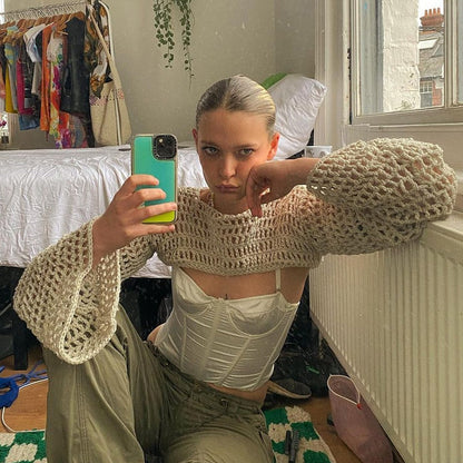 Harajuku Knitted Crop Top Hollow Out Long Sleeve T shirt Women Aesthetic Vintage Crochet Cover-ups Tees y2k Streetwear