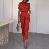 Two Piece Sets Women Summer  Elegant Sleeveless Chic Long Pants Sets Tie Neck Belt Solid Office Outfit With Pocket