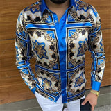 Men Printing Shirt Long Sleeve Turn Down Collar Streetwear Ethnic Style Tops Button Casual Tideway Camisa Masculina