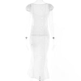 hulianfu hulianfu Sexy Hollow Out Midi Dress for Women Summer Elegant Chic V-Neck Slim Party Dress White Short Sleeve Casual Dress
