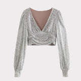 hulianfu  Women's Silver Sequins Blouse Female Fashion Puff Sleeve V Neck Short Pleated Shirt Tops Spring Chic Sexy Street Wear