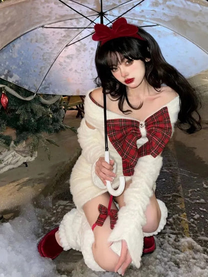hulianfu Women Winter White Faux Fur Slim Christmas Party Dress New Lady Off Shoulder Elegant High Waist Bodycon Dress With Red Bow