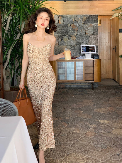 Hulianfu Maxi Long Sequin Dress Sexy Red Glitter Bodycon Wedding Guest Birthday Party Dresses Elegant Occasion Dress for Women