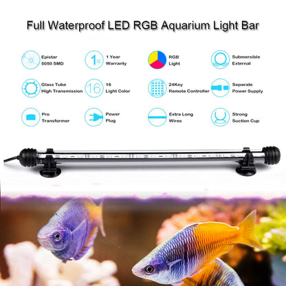 HULIANFU Waterproof LED Aquarium Lights Fish Tank Light Bar Blue/White 19/29/39/49CM Submersible Underwater Clip Lamp Aquatic Decor EU
