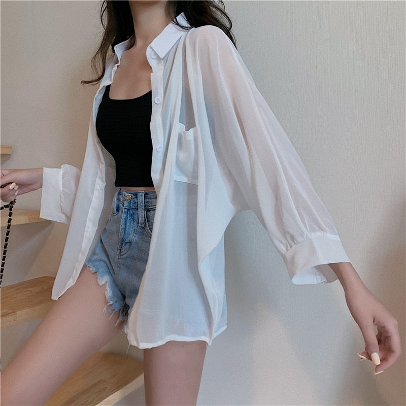 Hulianfu Shirts Women Sun Protection Loose All-match Summer Korean Style Casual Solid Tops Fashion Simple Chic Outerwear Thin Baggy Soft