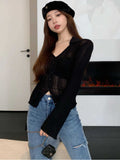 Hulianfu Knitting T-shirt Women Slim Sexy Long Sleeve Daily V-neck Casual Korean Style Pure Retro Minimalist Hot Girls Spring See-through