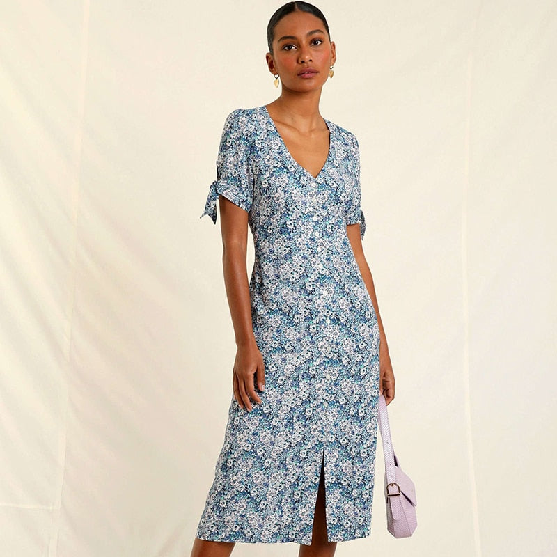 Polka Dot Print Midi Dress Woman Elegant Embroidery Short Sleeve V-neck Vestidos  Summer Femme Vintage Casual Long Robes