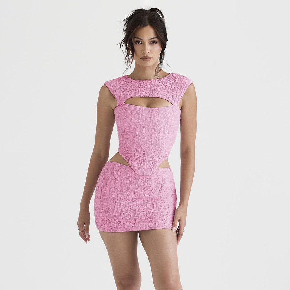 Hulianfu Pink Sleeveless 2 Piece Dress Set Sexy Cut Out Holiday Party Dresses Casual Cropped Top and Mini Skirt Women