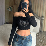 Hulianfu Off Shoulder Sexy Gothic Crop Top T-Shirts Women Clothes crop Rhinestone Skeleton Grunge Clothing Tee Y2K Shirt Core Tops vegan