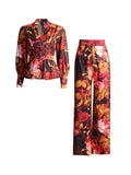 Print Two Piece Sets For Women V Neck Puff Sleeve Tops High Waist Wide Leg Pants Summer Hit Color Set Female New