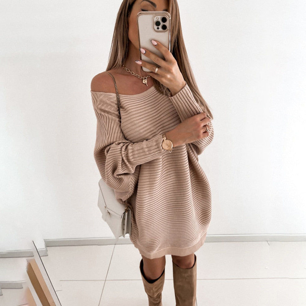Hulianfu Sexy Off Shoulder Long Sleeve Sweater Dress Women 2022 Spring Loose Casual White Knitted Long Top Woman Mini Dresses Pull Femme