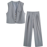 Hulianfu Suits Spring OL Style Sets Women Casual 2 Piece Sleeveless Blazer Cropped V Neck Vest + Loose Long Pants Grey