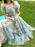 Hulianfu Vintage Floral Evening Midi Maxi Dresses for Women Elegant Casual Party Prom Green Holiday Princess Fairy Long Dress Summer