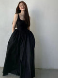 Black Long Tank Dress Women Spring Summer O Neck Floor-length Office Lady Casual Pockets Dresses  New Female Clothing