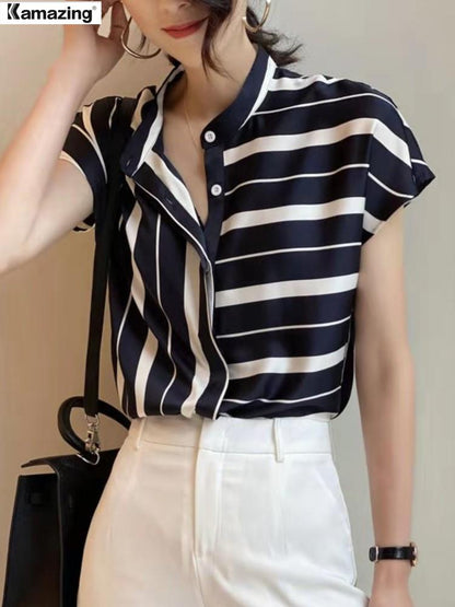 hulianfu Summer Women Casual Striped Shirt Office Lady Short Sleeve Fashion Chiffon Shirt Top Female Blouse