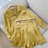 New Women Autumn Shorts Suits Holiday Lantern Sleeve Lapel BlouseS High Waist Pants Two Pieces Jogger Sets Ladies Casual Outfits
