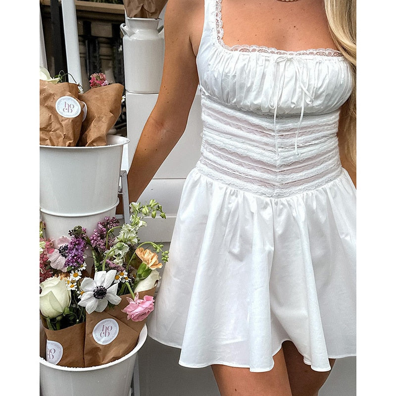 Hulianfu Square Neck White Dress Lovely Lace Patchwork A Line Holiday Party Dresses Casual Mini Summer Dresses Women