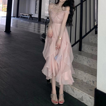 Elegant Strap Sleeveless High Waist Dresses For Women  Summer Pink Sweet Fairy Dress Women Korean Fashion Party Dress