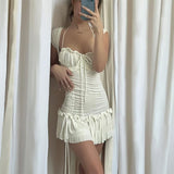 Hulianfu y2k Aesthetic Grunge Fairy Core Dress Summer Clothes for Women Short Sleeve Halter Mini Dresses Kawaii Sweet 2000s Ruffles Dress