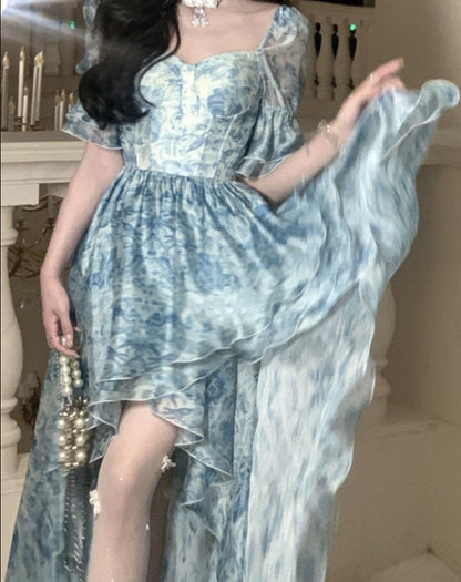 Hulianfu Floral Summer Dress New Fashion Fairycore Puff Sleeve Ball Gown Birthday Dress for Women Short Sleeves Midi Dress