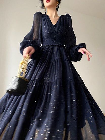 Hulianfu Ruffle Dress for Women New Fashion Fairycore Lantern Sleeve V Neck Vintage Dress Elegant Solid Pullover Y2k Dress