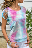 hulianfu Loose Hollow-out Tie-dye Multicolor T-shirt