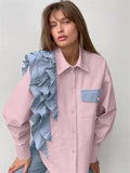 hulianfu -  Ruffled Patchwork Fashion Shirts For Women Pocket Lapel Casual Long Sleeve Cardigan Elegant Contrast Female Blouse Y2k Top