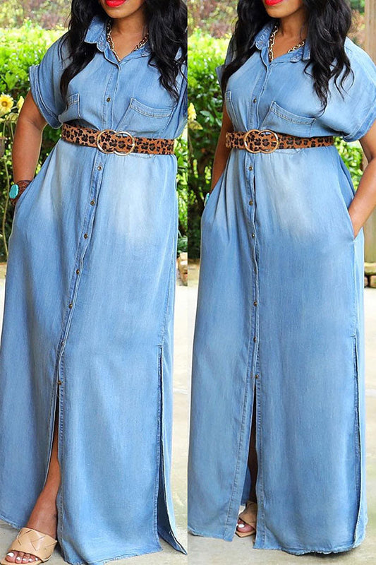 Solid Color Classic Single Breasted Denim Maxi Dress