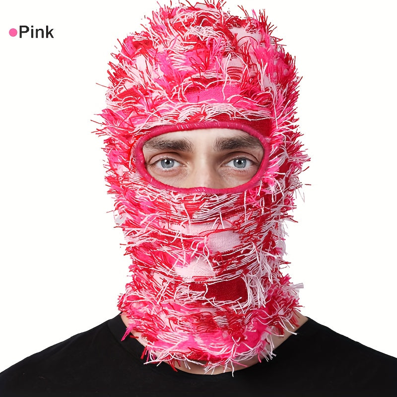 Solid Color Distressed Balaclava Mask, Full Face Cover Windproof Thermal Ski Mask, Outdoor Halloween Style Knit Headgear