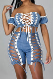 hulianfu Bandage Lace-Up Rocking Denim Pant Suit