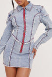 hulianfu Patchwork On-trend Washed Denim Skirt Suit