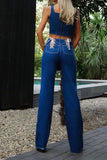 hulianfu Solid Color Denim Classic Strappy Micro Flared Pant Suit