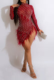 hulianfu Rhinestone & Beaded Decor Striking Tassel Irregular See-Through Mini Dress