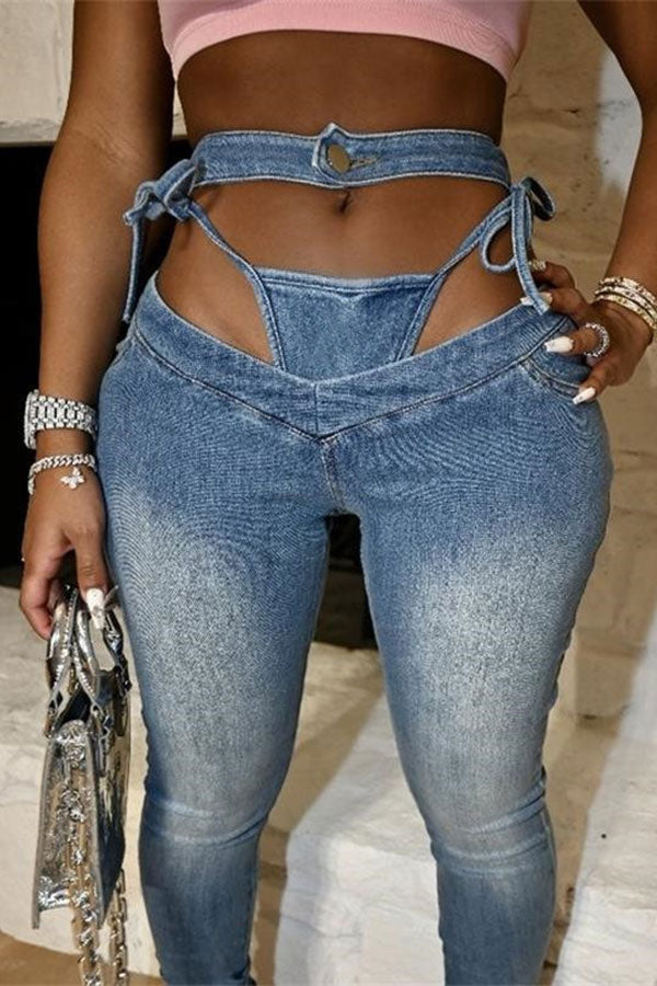 hulianfu Patchwork Striking Strappy High Waist Cutout Jeans