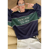 hulianfu Streetwear Sweatshirt Women Oversized Letter Print Pullovers Vintage Korean Patchwork Loose Casual All Match Hoodies Tops