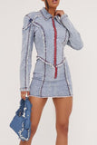 hulianfu Patchwork On-trend Washed Denim Skirt Suit