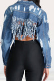 hulianfu Ripped Stylish Tassel Hem Denim Jacket