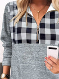 Women's Sweatshirt Pullover Streetwear Quarter Zip Gray Plaid Casual V Neck Long Sleeve Top Micro-elastic Fall & Winter