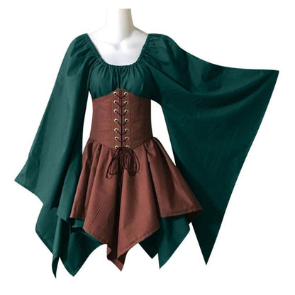 Halloween Women Medieval Cosplay Costumes Ladies Gothic Retro Long Sleeve Corset Dress Female Patchwork Belt Fashion Mini Dress