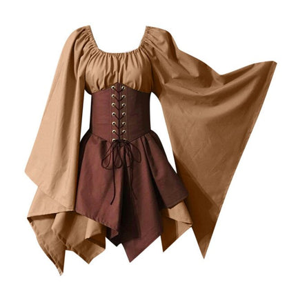 Halloween Women Medieval Cosplay Costumes Ladies Gothic Retro Long Sleeve Corset Dress Female Patchwork Belt Fashion Mini Dress
