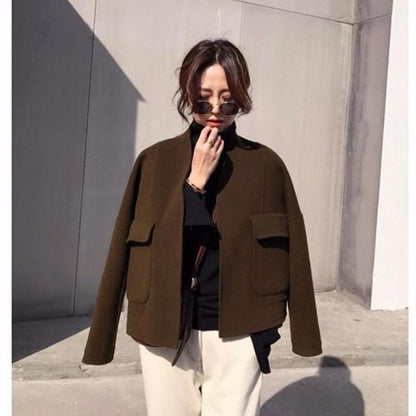 hulianfu Autumn Winter Korea Fashion Women Loose Short Jacket Thicken Plaid Woolen Coats Double Pocket Cardigan Vintage Coat S218