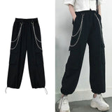 hulianfu Streetwear Cargo Pants Women Casual Joggers Black High Waist Loose Female Trousers Korean Style Ribbon Ladies Pants Dropshipping