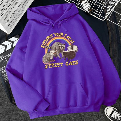 Hulianfu Support Your Local Street Cats Print Women Hoodie Cartoons Crewneck Clothes Vintage Loose Sweatshirt Street Hip Hop Hoody Womens
